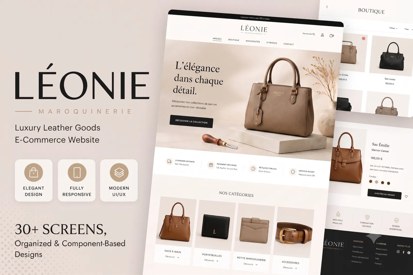 The Léonie storefront showing designer leather goods laid out on a plain background