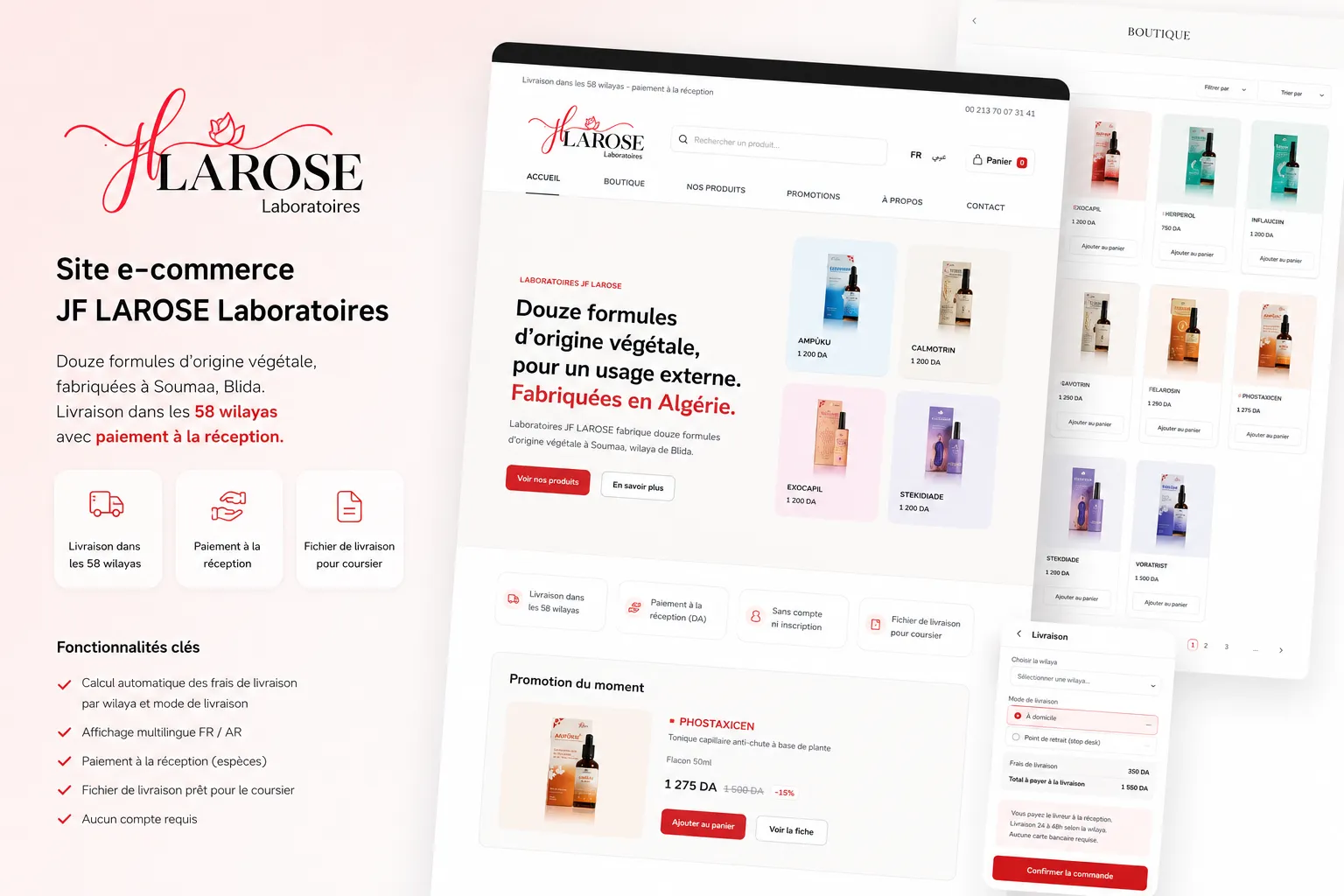 The JF LAROSE storefront showing the product range and the cash-on-delivery checkout