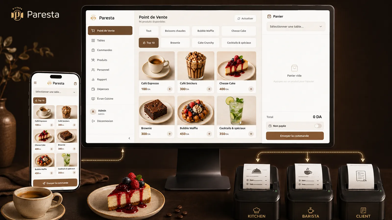 Dark editorial illustration of the Paresta café point-of-sale workspace with table controls, order lanes and a product grid.